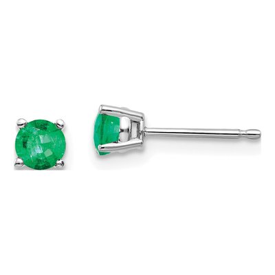 14K White Gold 4mm Emerald Round Stud Earrings