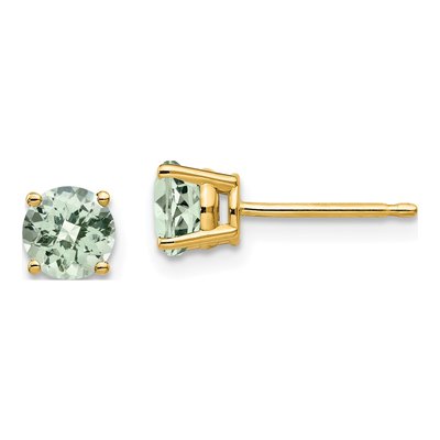 14K Yellow Gold 5mm Round Green Quartz Checker-Cut Stud Earrings