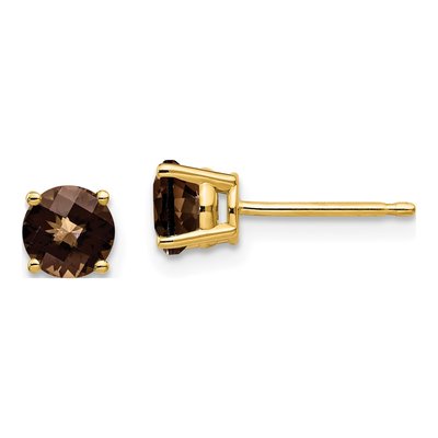 14K Yellow Gold 5mm Round Smoky Quartz Checker-Cut Stud Earrings