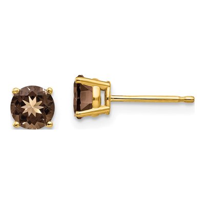 14K Yellow Gold 5mm Smoky Quartz Round Stud Earrings