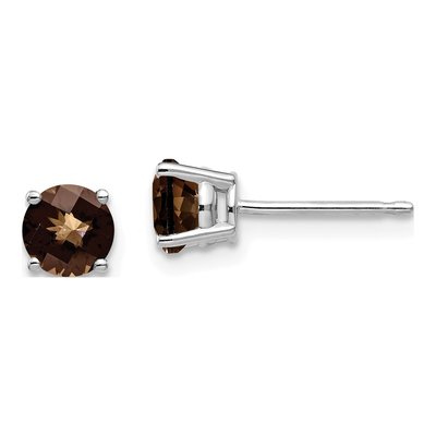 14K White Gold 5mm Round Smoky Quartz Checker-Cut Stud Earrings