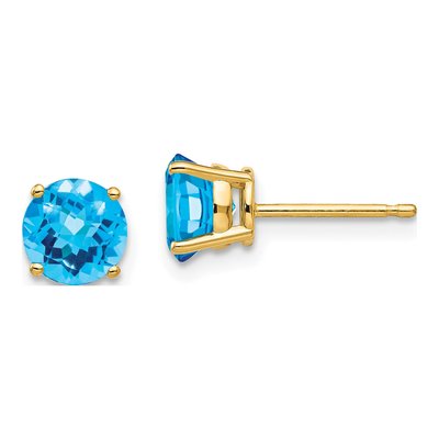 14K Yellow Gold 6mm Round Swiss Blue Topaz Checkerboard Stud Earrings
