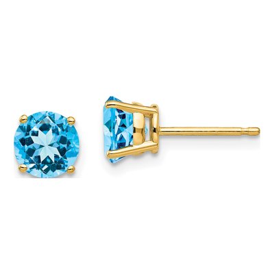 14K Yellow Gold 6mm Round Swiss Blue Topaz Stud Earrings