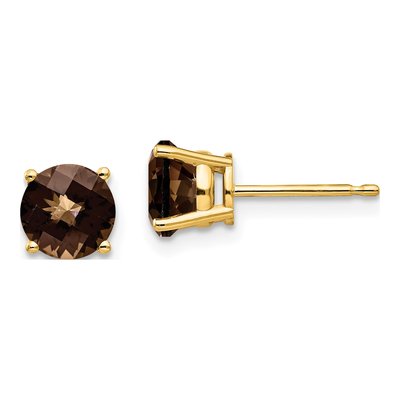14K Yellow Gold 6mm Round Smoky Quartz Checker-Cut Stud Earrings