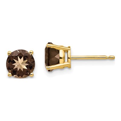 14K Yellow Gold 6mm Smoky Quartz Round Stud Earrings