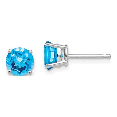 14K White Gold 6mm Round Swiss Blue Topaz Checkerboard Stud Earrings