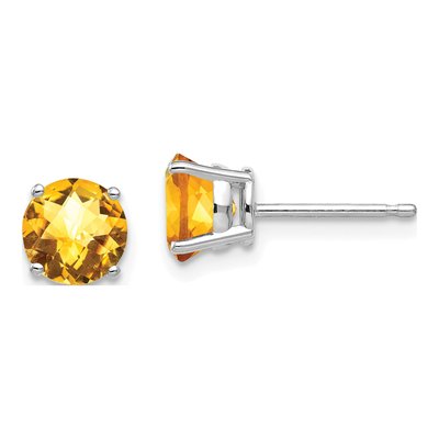 14K White Gold 6mm Citrine Round Checkerboard Stud Earrings