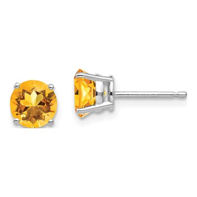 14K White Gold 6mm Citrine Round Stud Earrings
