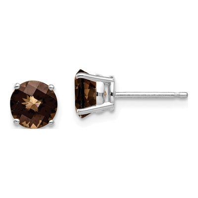14K White Gold 6mm Round Smoky Quartz Checker-Cut Stud Earrings