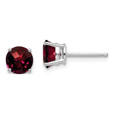 14K White Gold 6mm Garnet Round Checker-Cut Stud Earrings