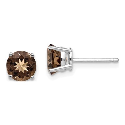 14K White Gold 6mm Smoky Quartz Round Stud Earrings