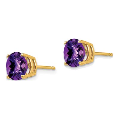 14K Yellow Gold 7mm Round Amethyst Checkerboard Stud Earrings – view 2