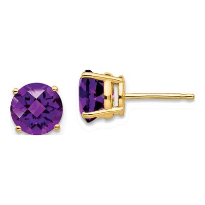 14K Yellow Gold 7mm Round Amethyst Checkerboard Stud Earrings
