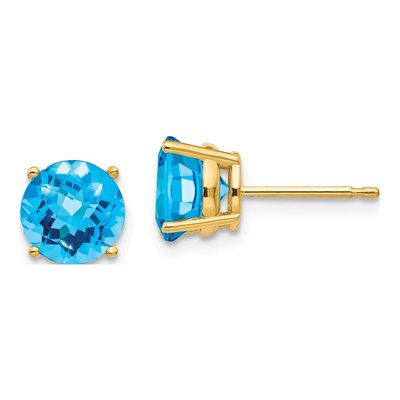 14K Yellow Gold 7mm Swiss Blue Topaz Round Stud Earrings