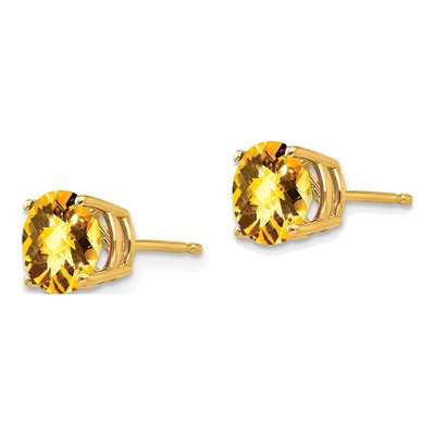 14K Yellow Gold 7mm Round Citrine Checker-Cut Stud Earrings – view 2