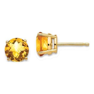 14K Yellow Gold 7mm Round Citrine Checker-Cut Stud Earrings