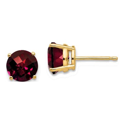 14K Yellow Gold 7mm Garnet Round Checker-Cut Stud Earrings