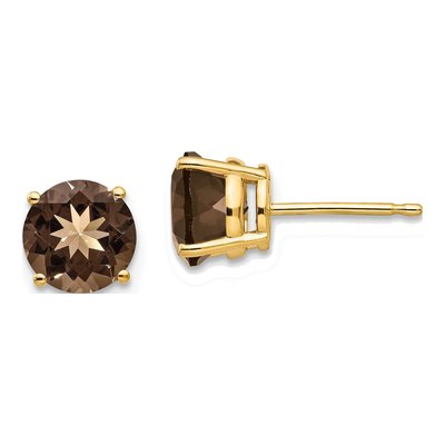 14K Yellow Gold 7mm Smoky Quartz Round Stud Earrings