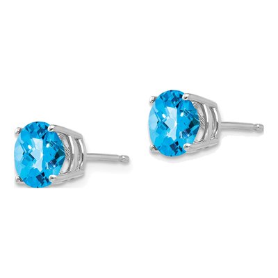 14K White Gold 7mm Round Swiss Blue Topaz Checkerboard Stud Earrings – view 2