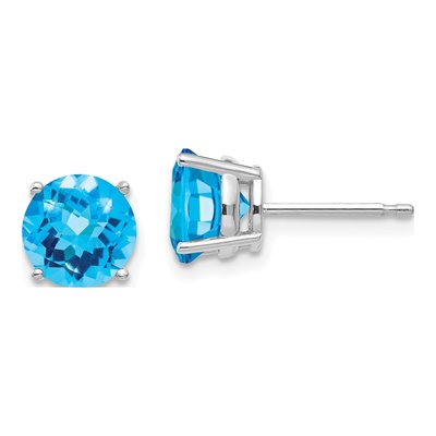 14K White Gold 7mm Round Swiss Blue Topaz Checkerboard Stud Earrings