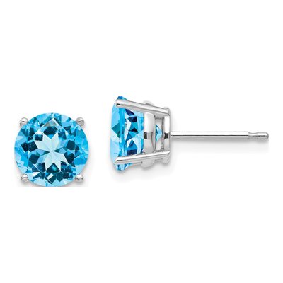 14K White Gold 7mm Round Swiss Blue Topaz Stud Earrings