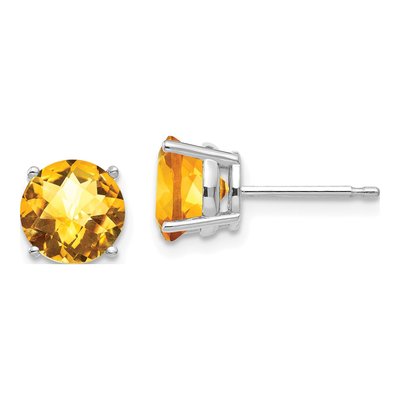 14K White Gold 7mm Citrine Round Stud Earrings