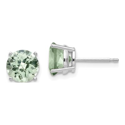 14K White Gold 7mm Round Green Quartz Checker-Cut Stud Earrings