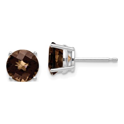 14K White Gold 7mm Round Smoky Quartz Checker-Cut Stud Earrings