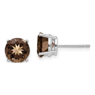 14K White Gold 7mm Round Smoky Quartz Stud Earrings