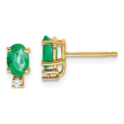 14K Yellow Gold Emerald & Diamond Oval Stud Earrings