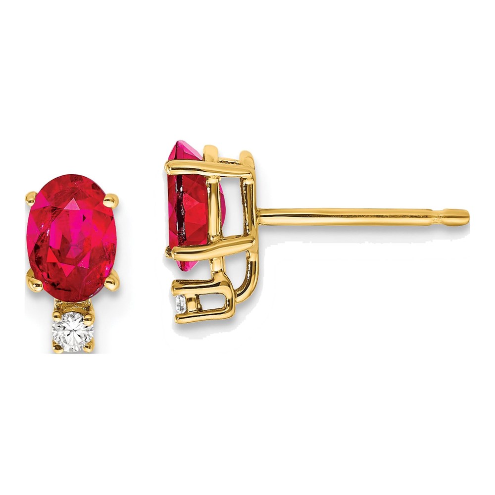 14K Yellow Gold Ruby & Diamond Oval Stud Earrings