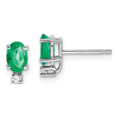 14K White Gold Emerald & Diamond Oval Stud Earrings
