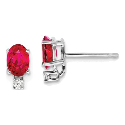 14K White Gold Ruby & Diamond Oval Stud Earrings