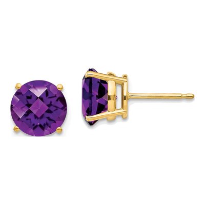 14K Yellow Gold 8mm Round Amethyst Checkerboard Stud Earrings