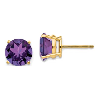 14K Yellow Gold 8mm Amethyst Round Stud Earrings