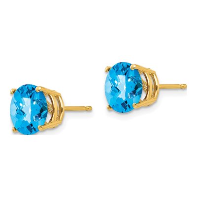 14K Yellow Gold 8mm Round Swiss Blue Topaz Checkerboard Stud Earrings – view 2