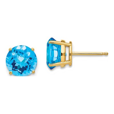 14K Yellow Gold 8mm Round Swiss Blue Topaz Checkerboard Stud Earrings