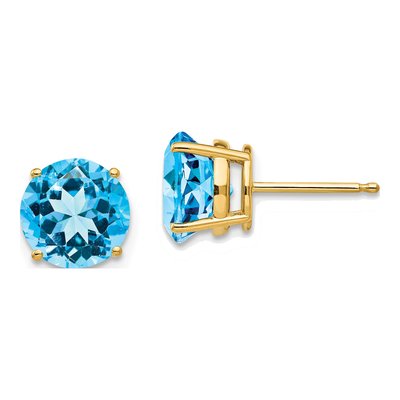 14K Yellow Gold 8mm Swiss Blue Topaz Round Stud Earrings