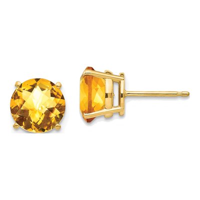 14K Yellow Gold 8mm Citrine Round Checkerboard Stud Earrings