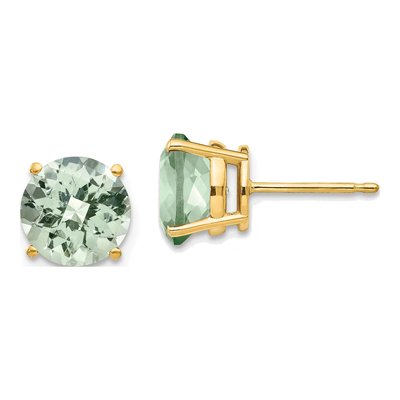 14K Yellow Gold 8mm Round Green Quartz Checkerboard Stud Earrings