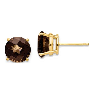 14K Yellow Gold 8mm Round Smoky Quartz Checker-Cut Stud Earrings