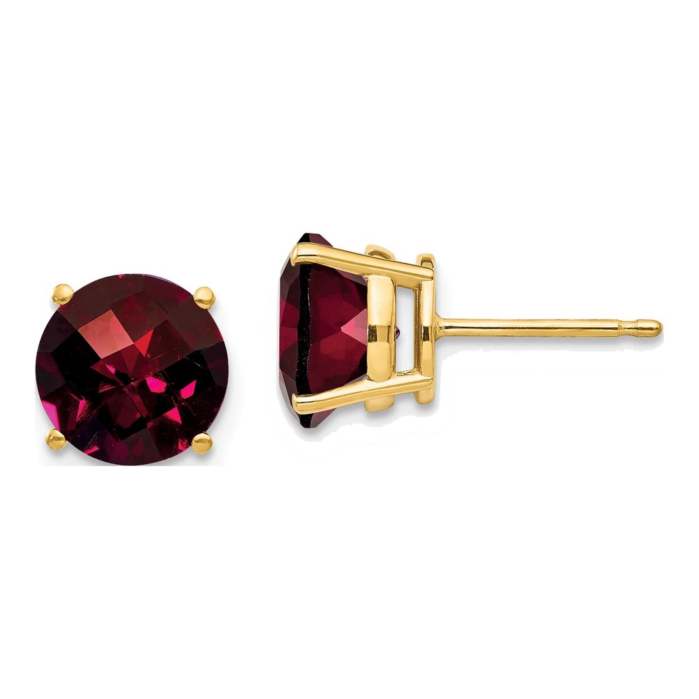14K Yellow Gold 8mm Round Garnet Checkerboard Stud Earrings