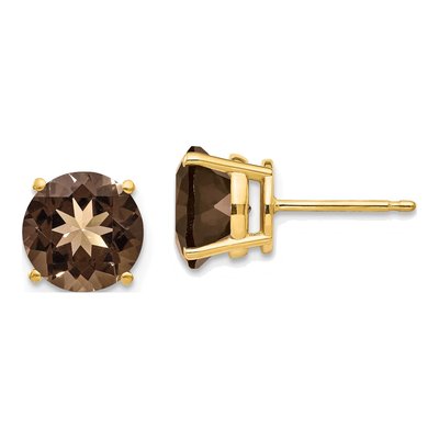 14K Yellow Gold 8mm Smoky Quartz Round Stud Earrings