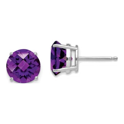 14K White Gold 8mm Amethyst Round Checkerboard Stud Earrings