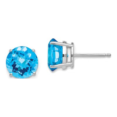 14K White Gold 8mm Round Swiss Blue Topaz Checkerboard Stud Earrings