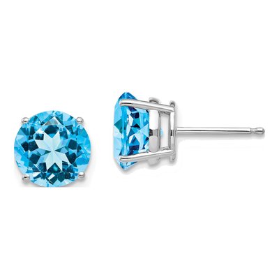 14K White Gold 8mm Swiss Blue Topaz Round Stud Earrings
