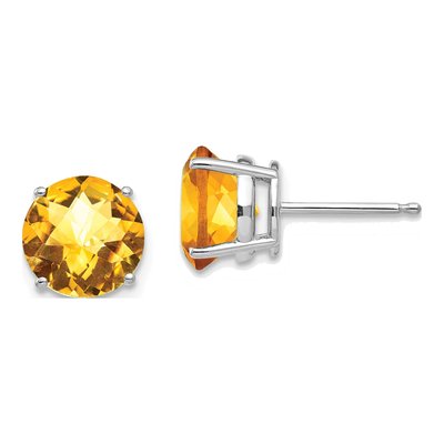 14K White Gold 8mm Citrine Round Checkerboard Stud Earrings