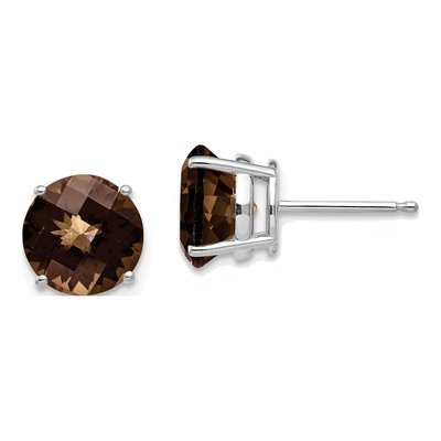 14K White Gold 8mm Round Smoky Quartz Checker-Cut Stud Earrings