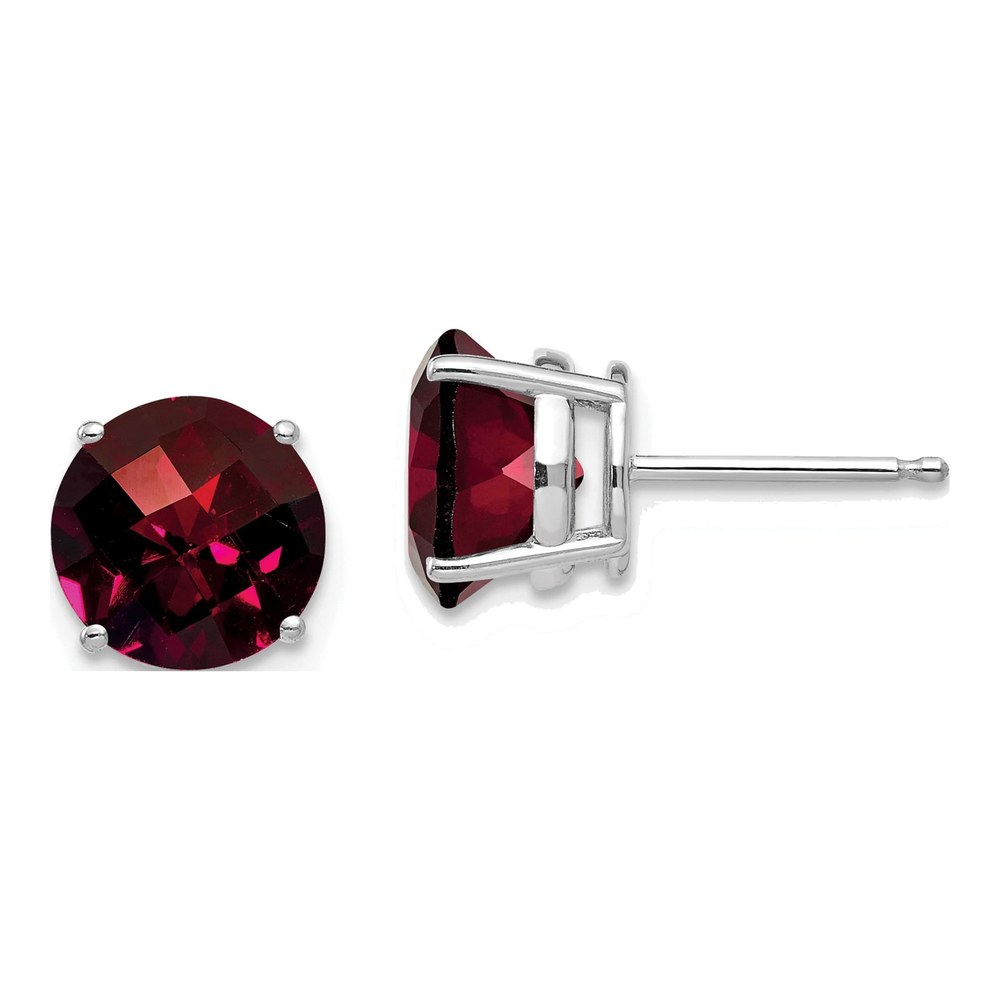 14K White Gold Round Garnet Checker-cut Stud Earrings