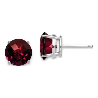 14K White Gold 8mm Garnet Round Checker-Cut Stud Earrings